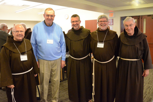 Newly elected Provincial Minister Fr. Mark Soehner (center) is flanked by former Provincials Fr. Fred Link, Fr. John Bok, Fr. Jeff Scheeler, and Fr. Jeremy Harrington