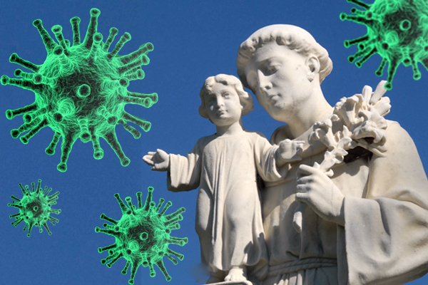 St. Anthony statue with large coronavirus'