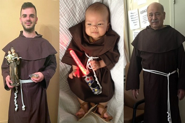 baby, young man, and older man in St. Anthony robes