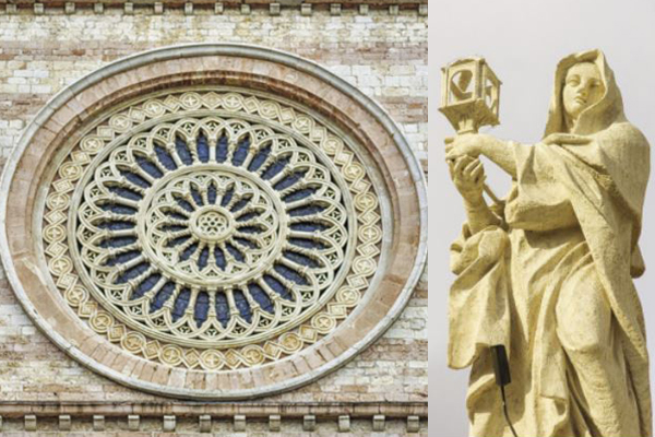rose window and statue of St. Clare