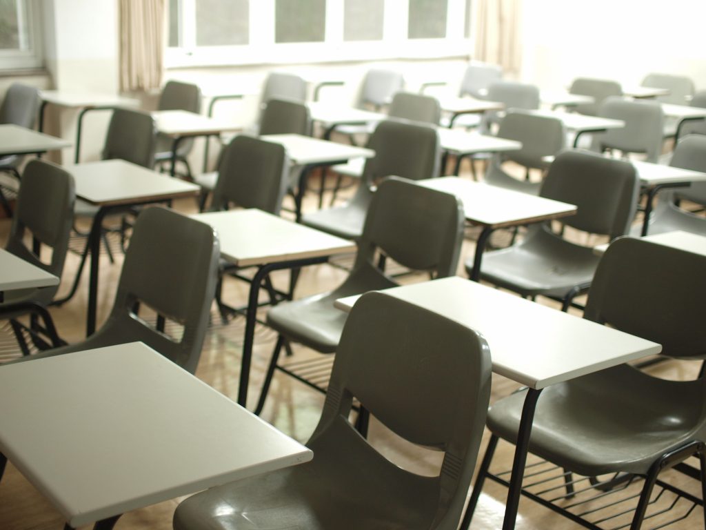 desks in a school classroom