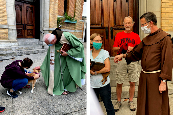 friars with dogs and bird outside church