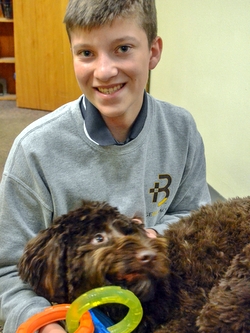 Student with dog and toys