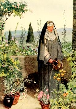 painting of St. CLare watering plants in her garden